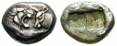 LYDIA, Kings of. Time of Kroisos. Estimate $500 LYDIA, Kings of. Time of Kroisos. Circa 561-546 BC. AR Half-Stater - Siglos (5.31 gm). Confronted foreparts of a roaring lion and a bull / Double incuse