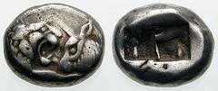 LYDIA, Kings of. Time of Kroisos. Estimate $300 LYDIA, Kings of. Time of Kroisos. Circa 561-546 BC. AR Half-Stater - Siglos (5.23 gm). Confronted foreparts of a roaring lion and a bull / Double incuse