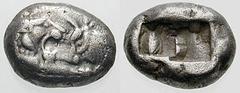 LYDIA, Kings of. Time of Kroisos. Estimate $300 LYDIA, Kings of. Time of Kroisos. Circa 561-546 BC. AR Half-Stater - Siglos (5.23 gm). Confronted foreparts of a roaring lion and a bull / Double incuse