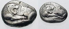 LYDIA, Kings of. Time of Kroisos. Estimate $250 LYDIA, Kings of. Time of Kroisos. Circa 561-546 BC. AR Third Stater (3.50 gm). Confronted foreparts of a roaring lion and a bull / Double incuse punch. 
