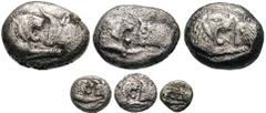 LYDIA, Kings of. Time of Kroisos. Estimate $400 LYDIA, Kings of. Time of Kroisos. Lot of six AR issues, including Half-Staters (3 coins), 1/12th Staters (2 coins) and 1/24th Stater (1 coin). One of th