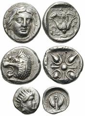 CARIA, Islands off. Rhodes. Estimate $400 CARIA, Islands off. Rhodes. Circa 350 BC. AR Drachm (3.64 gm). Three-quarter facing head of Helios, head turned slightly right / Rose, bud on either side; F a