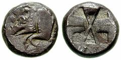 LYCIA, Dynasts of. Uncertain. Estimate $300 LYCIA, Dynasts of. Uncertain. Circa 520-480 BC. AR Stater (9.05 gm). Forepart of boar left / Incuse punch, diagonally divided. SNG von Aulock 4049. Toned VF
