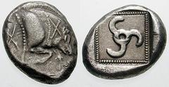 LYCIA, Dynasts of. Uncertain. Estimate $500 LYCIA, Dynasts of. Uncertain. Circa 520-480 BC. AR Stater (8.34 gm). Forepart of boar right, X on side of neck, X behind / Triskeles in dotted incuse square