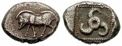 LYCIA, Dynasts of. Uncertain. Estimate $400 LYCIA, Dynasts of. Uncertain. Circa 500-480 BC. AR Stater (7.99 gm). Boar walking left / Triskeles within incuse square. Cf. SNG von Aulock 4061 (boar right