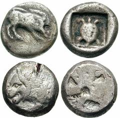 LYCIA, Dynasts of. Uncertain. Estimate $300 LYCIA, Dynasts of. Uncertain. Circa 500-480 BC. AR Stater (7.64 gm). Snuffling boar left / Tortoise in dotted square. SNG von Aulock 4072. Lot also includes