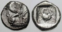 LYCIA, Dynasts of. Uncertain. Estimate $500 LYCIA, Dynasts of. Uncertain. Circa 500-460 BC. AR Stater (9.40 gm). Sphinx seated right / Crab within incuse square. SNG von Aulock 8468; Traité -. VF. ($5