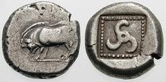 LYCIA, Dynasts of. Uncertain. Estimate $400 LYCIA, Dynasts of. Uncertain. Circa 500-460 BC. AR Stater (8.77 gm). Boar standing left / Triskeles within incuse square. Not published in the standard refe