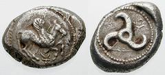 LYCIA, Dynasts of. Uncertain. Estimate $300 LYCIA, Dynasts of. Uncertain. Circa 500-460 BC. AR Stater (9.62 gm). Flying Pegasos right on round shield; monogram below / Triskeles; monogram. SNG von Aul