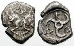 LYCIA, Dynasts of. Kuprilli. Estimate $500  LYCIA, Dynasts of. Kuprilli. Circa 470-440 BC. AR Stater (8.48 gm). Conjoined foreparts of two bull's, back to back; triskeles above / Triskeles within incu