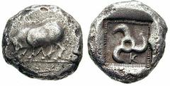 LYCIA, Dynasts of. Kuprilli. Estimate $400 LYCIA, Dynasts of. Kuprilli. Circa 470-440 BC. AR Stater (8.63 gm). Boar walking left; L between legs / Triskeles within incuse square. Mørkholm/Zahle -; CNG