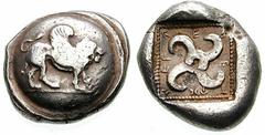 LYCIA, Dynasts of. Teththiveibi. Estimate $400 LYCIA, Dynasts of. Teththiveibi. Circa 450-420 BC. AR Stater (8.57 gm). Winged lion walking right, on a round shield / Tetraskeles in dotted square. SNG 