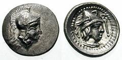 LYCIA, Dynasts of. Tlos or Patara. Estimate $500 LYCIA, Dynasts of. Tlos or Patara. Circa 450-430 BC. AR Diobol (1.11 gm). Helmeted head of Athena right / Head of Hermes right, wearing winged petasos;