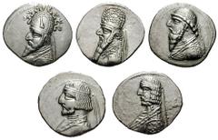 PARTHIA, Kings of. Estimate $250 PARTHIA, Kings of. Lot of five AR Drachms. Includes: Mithradates II. 123-88 BC. AR Drachm (3.87 gm). Rhagae mint. Diademed bust left / Archer seated right. Shore 85; S