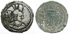 ALCHON HUNS? Imitating Yazdgard I. Estimate $300 ALCHON HUNS? Imitating Yazdgard I. After 420 AD. AR Drachm (3.58 gm). Isolated Ghandaran(?) issue. Draped bust 3/4 right, wearing helmet-shaped crown o