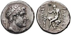 BAKTRIA, Graeco-Baktrian Kings. Euthydemos I. Estimate $300  BAKTRIA, Graeco-Baktrian Kings. Euthydemos I. Circa 230/225-200 BC. AR Tetradrachm (16.42 gm). Diademed head right / Nude Herakles resting 