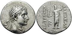 BAKTRIA, Indo-Greek Kings. Agathokles. Estimate $1000 BAKTRIA, Indo-Greek Kings. Agathokles. Circa 185-170 BC. AR Tetradrachm (15.85 gm). Panjhir mint? Diademed and draped bust right / BASILEWS right,