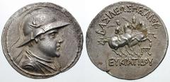BAKTRIA, Graeco-Baktrian Kings. Eukratides I. Estimate $500 BAKTRIA, Graeco-Baktrian Kings. Eukratides I. Circa 171-145 BC. AR Tetradrachm (16.64 gm). Helmeted, diademed and draped bust right / The Di