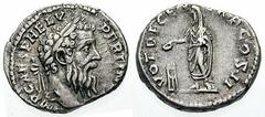 PERTINAX Estimate $750 PERTINAX. 193 AD. AR Denarius (3.32 gm). Laureate head right / Pertinax, veiled, standing left, sacrificing out of patera held over altar, holding roll in left hand. RIC IV 13a;