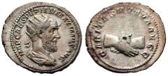 PUPIENUS Estimate $300 PUPIENUS. 238 AD. AR Antoninanus (4.89 gm). Radiate, draped and cuirassed bust right, seen from behind / CARITAS MVTVA AVGG, clasped hands. RIC IV 10b; BMCRE 87; RSC 3. Nice VF.
