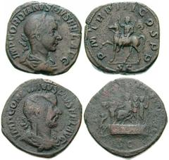 GORDIAN III Estimate $200 GORDIAN III. 238-244 AD. Æ Sestertius (24.61 gm). Laureate, draped and cuirassed bust right / Gordian on horseback left, raising right hand and holding sceptre in left. RIC I