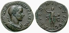 GORDIAN III Estimate $200 GORDIAN III. 238-244 AD. Æ Sestertius (22.06 gm). Laureate, draped and cuirassed bust right / Sol standing facing, head left, holding globe and raising right hand. RIC IV 297