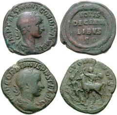 GORDIAN III Estimate $200  GORDIAN III. 238-244 AD. Æ Sestertius (17.94 gm). Laureate, draped and cuirassed bust right / Gordian on horseback left, raising right hand and holding sceptre in left; Vict