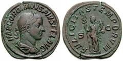 GORDIAN III Estimate $150  GORDIAN III. 238-244 AD. Æ Sestertius (16.94 gm). Laureate, draped and cuirassed bust right / Felicitas standing left, holding long caduceus and cornucopiae. RIC IV 330; Coh