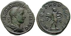 GORDIAN III Estimate $100 GORDIAN III. 238-244 AD. Æ Sestertius (16.94 gm). Laureate, draped and cuirassed bust right / Mars walking right, holding spear and shield. RIC IV 332a; Cohen 157. VF, green-