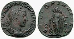 GORDIAN III Estimate $150 GORDIAN III. 238-244 AD. Æ Sestertius (18.26 gm). Laureate, draped and cuirassed bust right / Victory standing left, leaning on shield and holding palm; captive below shield.