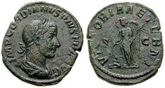 GORDIAN III Estimate $100 GORDIAN III. 238-244 AD. Æ Sestertius (13.68 gm). Laureate, draped and cuirassed bust right / Victory standing left, leaning on shield and holding palm; captive below shield.