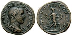 GORDIAN III Estimate $100 GORDIAN III. 238-244 AD. Æ Sestertius (18.50 gm). Laureate, draped and cuirassed bust right / Mars walking right, holding spear and shield. RIC IV 339a; Cohen 281. VF, brown 