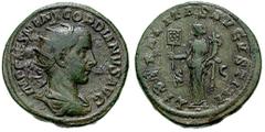 GORDIAN III Estimate $100 GORDIAN III. 238-244 AD. Æ Dupondius (12.33 gm). Radiate, draped and cuirassed bust right / Liberalitas standing front, head left, holding abacus and cornucopiae. RIC IV 270b