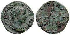 GORDIAN III Estimate $150 GORDIAN III. 238-244 AD. Æ Dupondius (9.67 gm). Radiate, draped and cuirassed bust right / Laetitia standing left, holding wreath and anchor. RIC IV 300c; Cohen 124. VF, gree