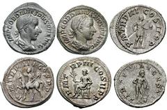 GORDIAN III Estimate $300 GORDIAN III. 238-244 AD. Lot of 8 AR Denarii. Rome mint. Includes the following: Gordian on horseback. RIC IV 81 // Laetitia. RIC IV 113 // Apollo. RIC IV 114 // Gordian stan