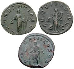 GORDIAN III Estimate $300 GORDIAN III. 238-244 AD. Lot of 3 Æ Sestertii. Rome mint. Includes the following: Abundantia. RIC IV 274a // Aequitas. RIC IV 286a // Gordian standing. RIC IV 292a. Average V
