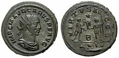 CARUS Estimate $150  CARUS. 282-283 AD. Antoninianus (4.74 gm). Antioch mint. Radiate, draped and cuirassed bust right / VIRTVS AVGGG, Carus standing right, receiving Victory from Jupiter, standing le