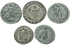 Lot of five Constantinian Æs Estimate $250 Lot of five Constantinian Æs. Lot includes the following: Constantine I. Æ Follis. Nicomedia mint. Genius. RIC VI 71c // Licinius I. Æ Follis. Siscia mint. J
