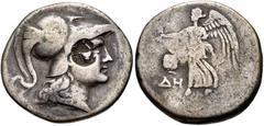 PAMPHYLIA, Side. Circa 205-100 BC. AR Tetradrachm (29mm, 16.07 g, 12h). Struck circa 200-190 BC. Helmeted head of Athena right; c/m: bow in bowcase with T[PA] to left / Nike advancing left, holding wr
