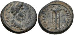 LYDIA, Thyateira. Domitia. Augusta, AD 82-96. Æ (17mm, 3.74 g, 1h). Draped bust right / Tripod. RPC II 945; BMC 71. VF, green patina, earthen deposits.