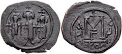 ISLAMIC, temp. Arab conquest. Circa 638-643. Æ Fals (27mm, 4.83 g, 5h). Uncertain mint in Syria. Three imperial figures (Martina, Heraclius, and Heraclius Constantine) standing facing, each wearing cr