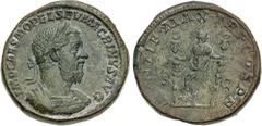 Ancient Coins ROMAN IMPERIAL. Macrinus. AD 217-218. Æ Sestertius (30mm, 23.36 g, 12h). Rome mint, 2nd officina. 2nd emission. Laureate and cuirassed bust right, wearing long beard / Fides standing fro