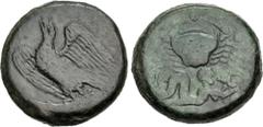 Greek SICILY, Akragas. Circa 415-406 BC. Æ Hemilitron (27mm, 20.61 g, 8h). Eagle standing let, head raised, wings spread, on fish; cicada to right / Crab; below, triton right, blowing conch; six pelle