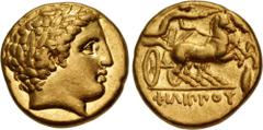 Greek KINGS of MACEDON. temp. Philip II – Alexander III. Circa 340/36-328 BC. AV Stater (16mm, 8.60 g, 11h). In the name and types of Philip II. Pella mint. Laureate head of Apollo right / Charioteer,