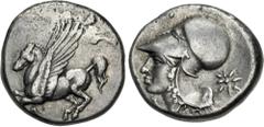 Greek CORINTHIA, Corinth. Circa 350/45-285 BC. AR Stater (19.5mm, 8.37 g, 11h). Pegasos flying left / Helmeted head of Athena right; I below chin, star to right. Ravel Period V, 1034; Pegasi 425; BCD 