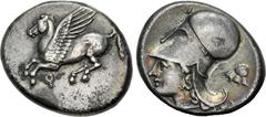 Greek CORINTHIA, Corinth. Circa 350/45-285 BC. AR Stater (21mm, 8.58 g, 4h). Pegasos flying left / Helmeted head of Athena left; [A below chin], Thessalian helmet to right. Ravel Period V, 1040; Pegas