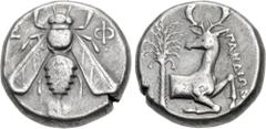 Greek IONIA, Ephesos. Circa 390-325 BC. AR Tetradrachm (21.5mm, 15.18 g, 12h). Pandion, magistrate. Class C, circa 380-370 BC. Bee with straight wings / Forepart of stag right, head left; palm tree to