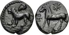 Greek CYPRUS, Kition. Pumiathon. Circa 362/1-312 BC. Æ (14.5mm, 2.53 g, 12h). Lion standing left; above, head of ram left / Horse standing left; star above, monogram (symbol of Tanit?) to left. Destro