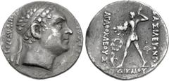 Oriental Greek BAKTRIA, Greco-Baktrian Kingdom. Agathokles Dikaios. Circa 185-175 BC. AR Tetradrachm (30mm, 16.44 g, 12h). Commemorative issue struck for Antiochos III of Syria. ANTIOXOY to right, NIK