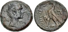 Roman Provincial EGYPT, Alexandria. Augustus (Octavian). 27 BC-AD 14. Æ Diobol – 80 Drachmai (26mm, 17.76 g, 11h). First series, struck circa 30-28 BC. Bare head right / Eagle standing left on thunder